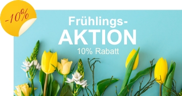 Frühlingshafte Werbegrafik mit türkisfarbenem Hintergrund und gelben Tulpen sowie weißen Blüten im Vordergrund. In der Mitte steht der Text „Frühlings-AKTION“ und darunter „10% Rabatt“. Oben links ist ein gelber Kreis mit der Aufschrift „-10%“.